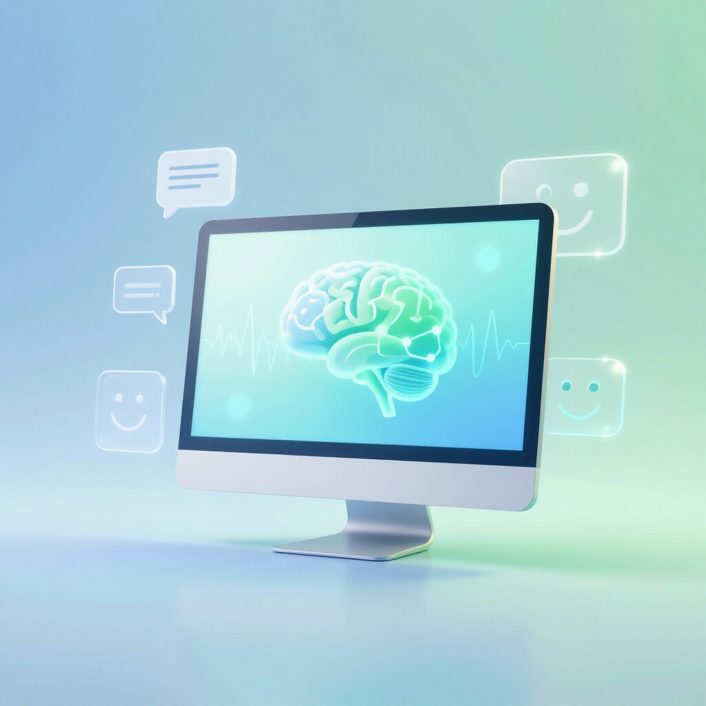 Monitor futurista que muestra un cerebro brillante, con iconos de chat y sonrisa sobre un fondo azul suave.