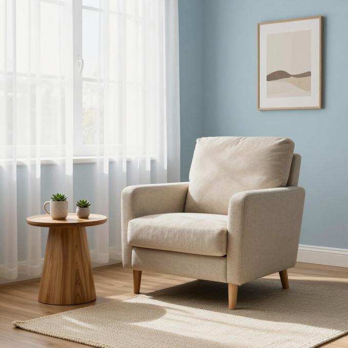 Un cómodo sillón beige se encuentra