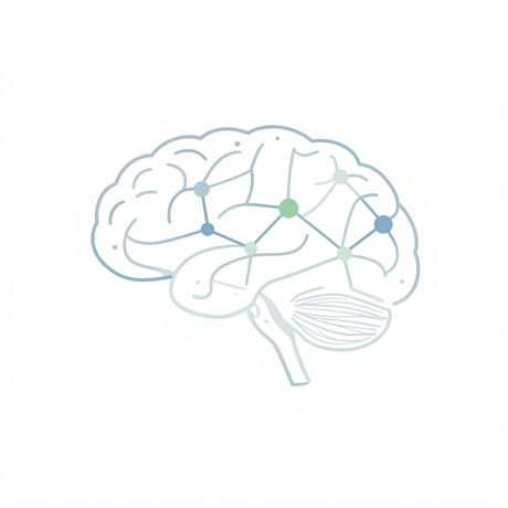 Cerebro minimalista dibujado con líneas y nodos de colores conectados sobre un fondo blanco.