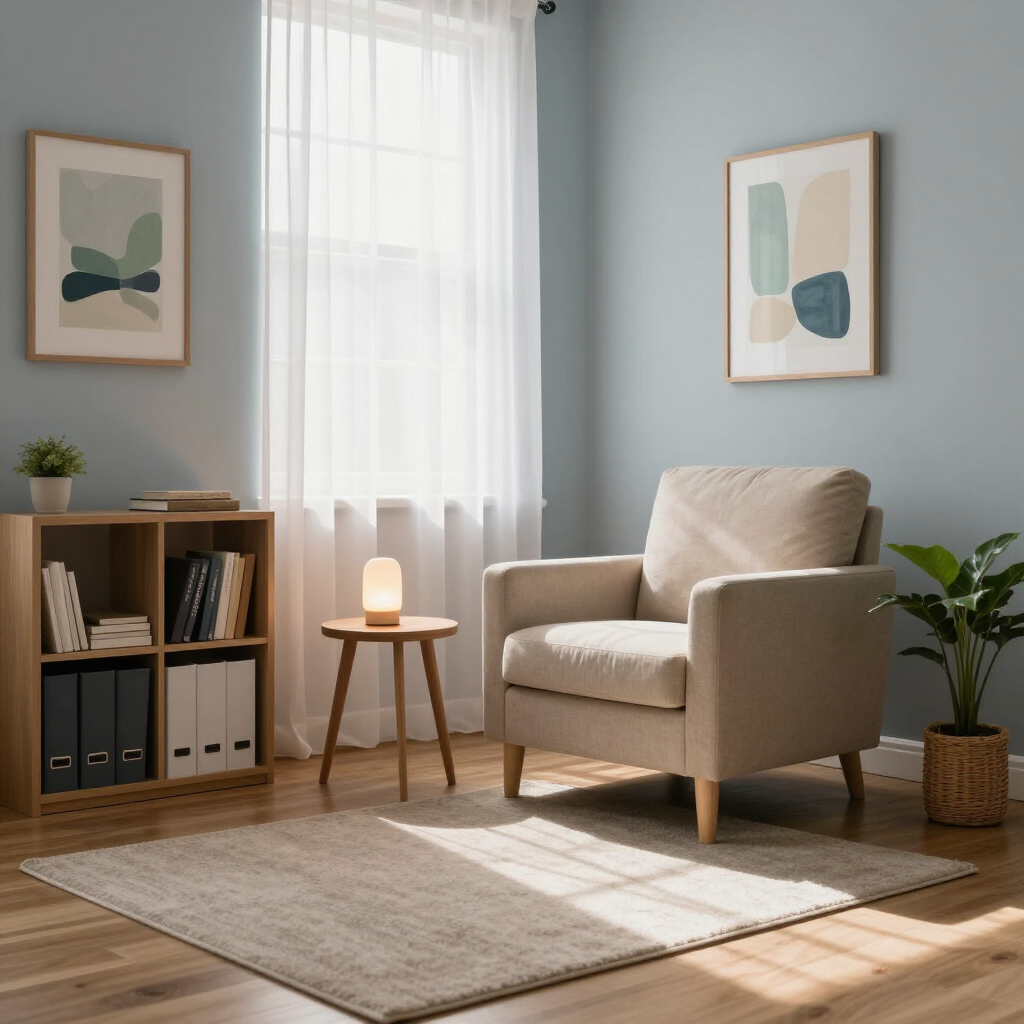 Sala de estar minimalista con sillón beige, mesa pequeña, estantería, plantas y arte abstracto en la pared.