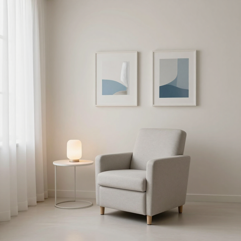 Sala de estar minimalista con un sillón gris claro, una lámpara de mesa auxiliar y dos láminas abstractas en la pared.