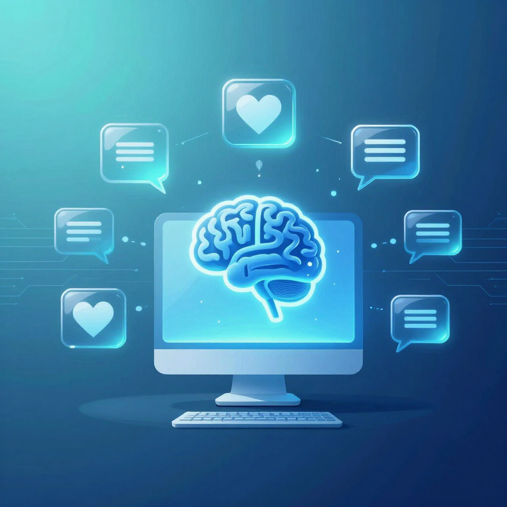 Un cerebro de IA azul brillante en un monitor de escritorio con burbujas de chat e iconos de corazones a su alrededor.