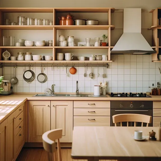 Cocina de madera clara con estantes, ollas, sartenes y estufa. Mesa y sillas en primer plano.