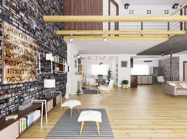 Interior de loft moderno con pared de ladrillo, vigas de madera y planta abierta.