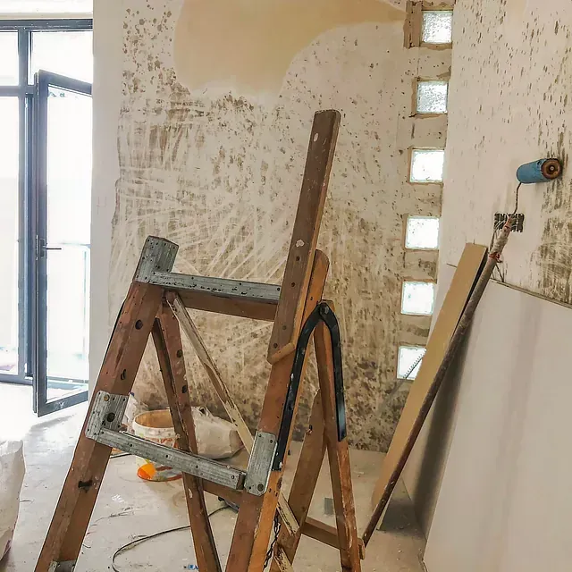 Escalera apoyada contra la pared en una habitación en renovación. Rodillo de pintura, paneles de yeso y una puerta abierta al fondo.