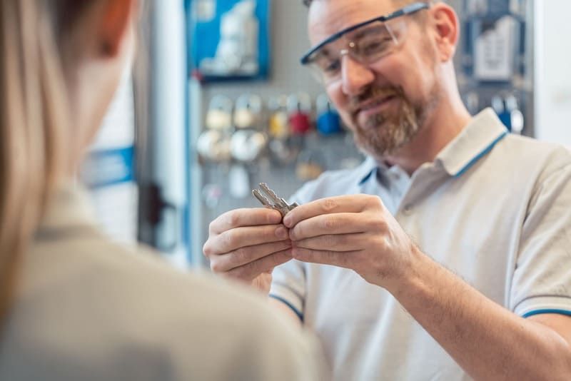 Ein Mann hält einen Schlüssel in seinen Händen, während er mit einer Frau spricht | Schlüsseldienst Bernd Schulgowski