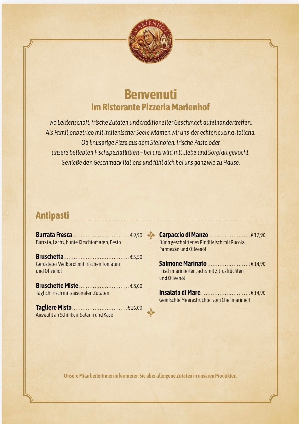 Speisekarte für ein italienisches Restaurant, inklusive Vorspeisen und Hauptgerichten.