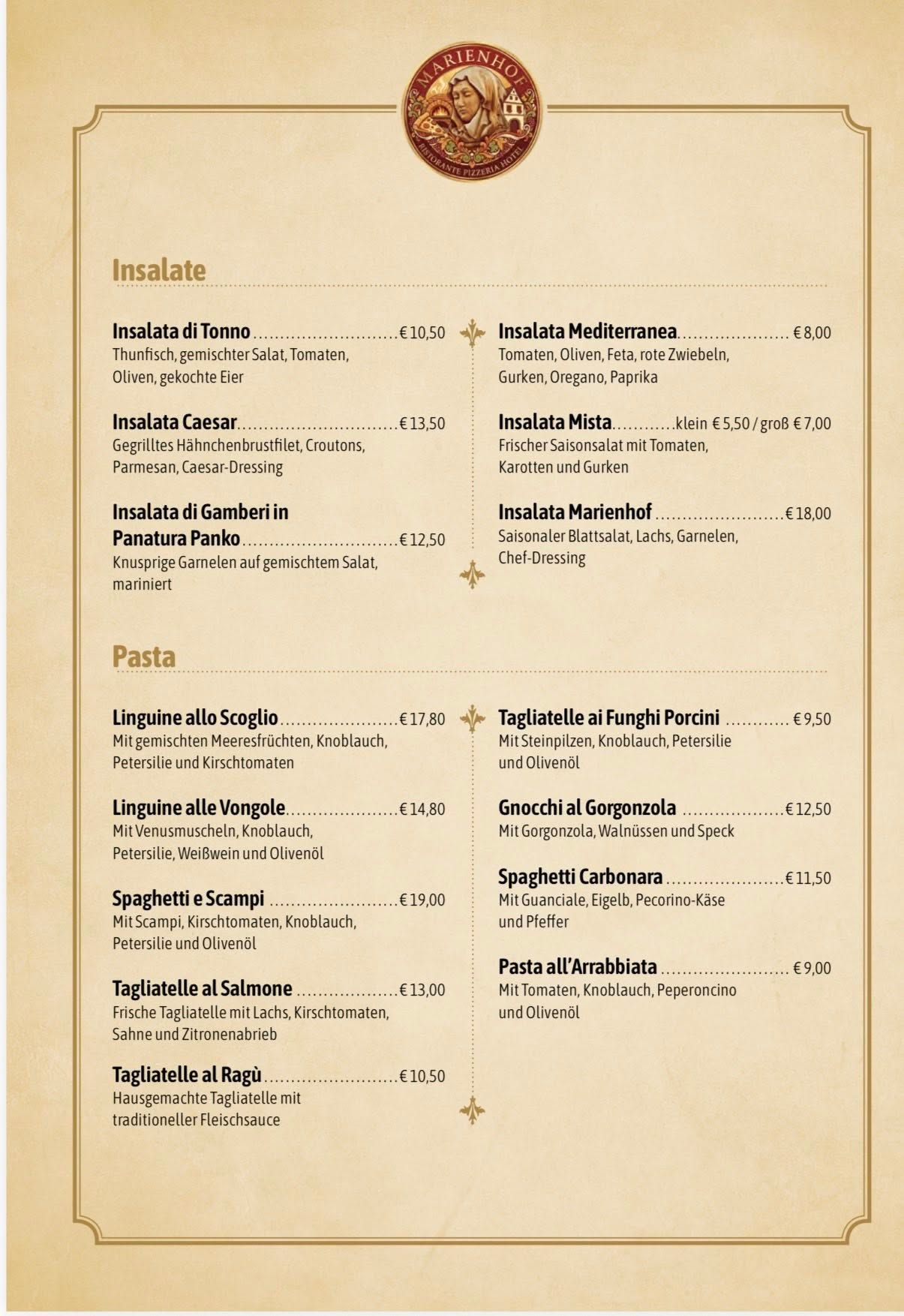 Speisekarte mit italienischen Gerichten, darunter Salate und Pastagerichte.