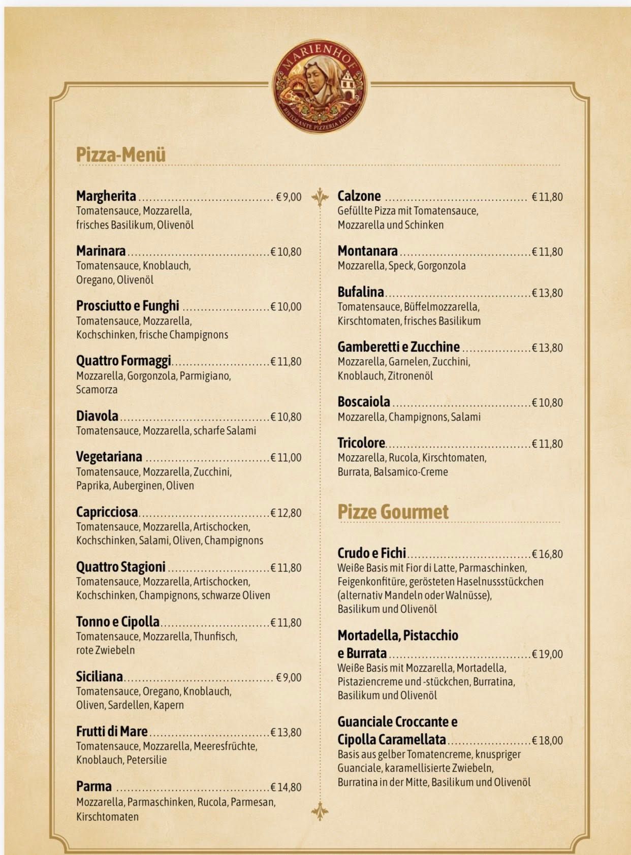 Speisekarte für Pizza mit verschiedenen Optionen, die in Kategorien unterteilt sind.