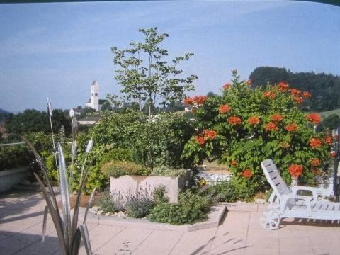Garten mit Terrasse und Blumen