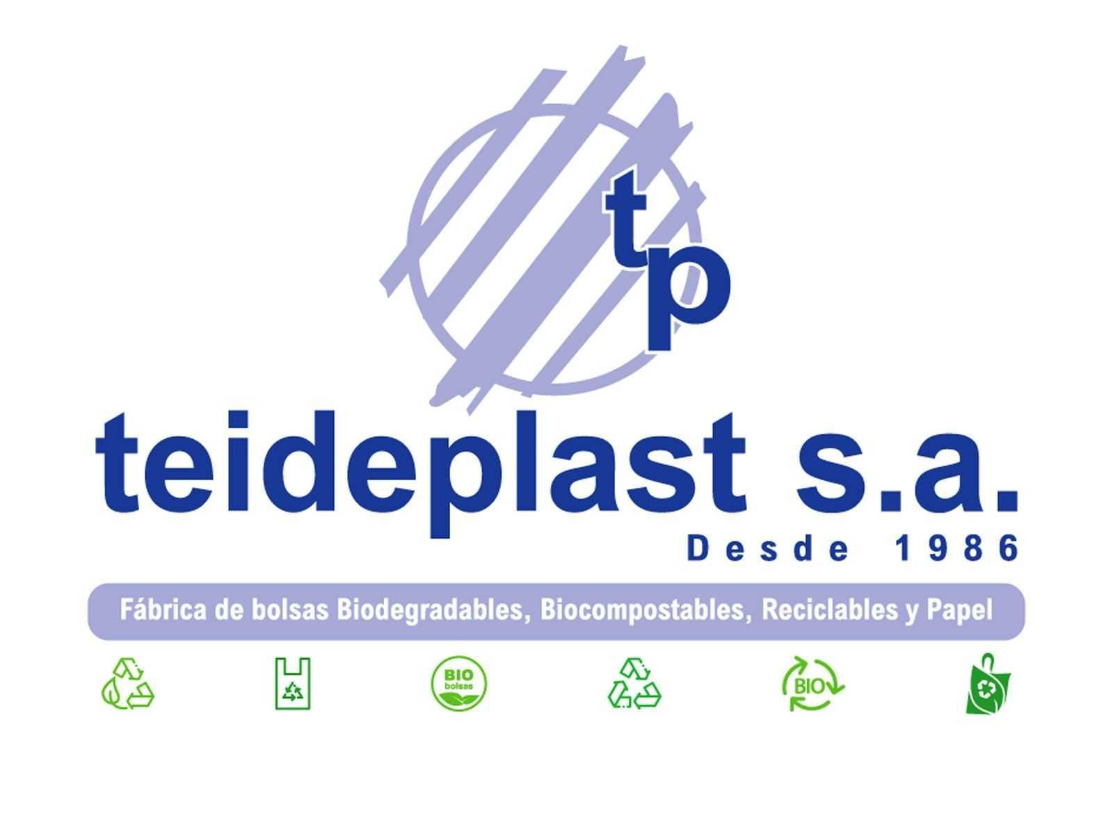 Logotipo para Teideplast SA con texto e iconos relacionados con bolsas biodegradables, compostables, reciclables y de papel.