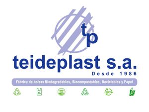Logotipo para Teideplast SA con texto e iconos relacionados con bolsas biodegradables, compostables, reciclables y de papel.