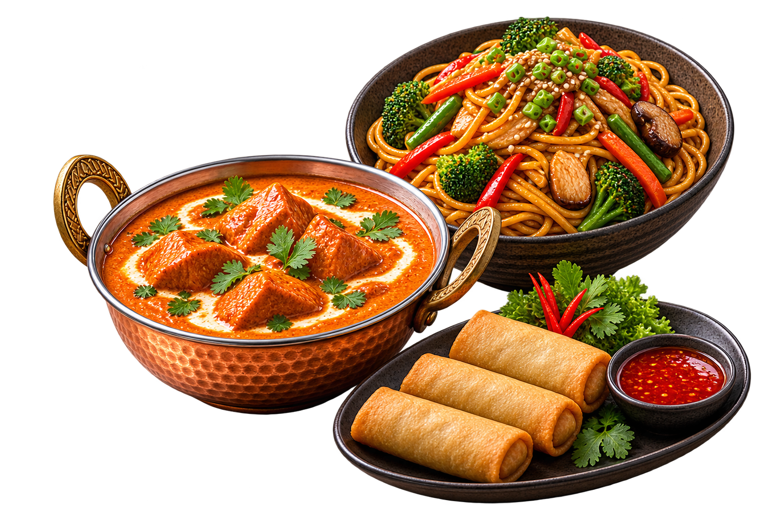 Tres platos indios: curry, verduras salteadas y rollitos de primavera con salsa para mojar.