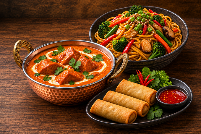 Tres platos indios: curry, verduras salteadas y rollitos de primavera con salsa para mojar.