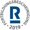 Blaues „R“ in einem Kreis, umgeben vom Text „FORTBILDUNGSBESCHEINIGUNG“ und der Jahreszahl „2019“.