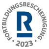 Blau-weißes Logo: „R“ in einem Rechteck, Text „FORTBILDUNGSBESCHEINIGUNG“ darum, darunter „2023“.