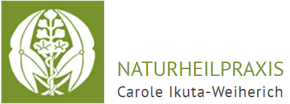 Logo einer Naturheilpraxis: ein grünes Quadrat mit weißem Blumenmuster und Text.