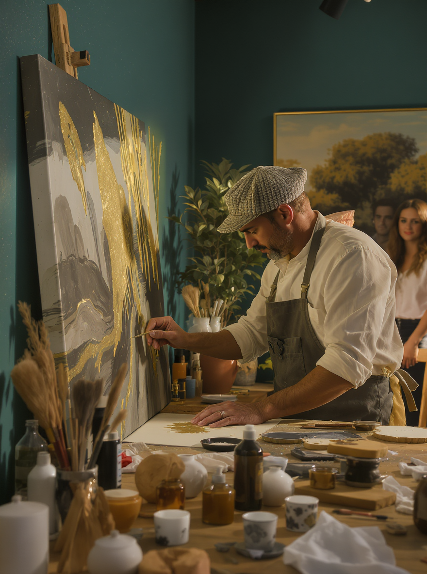 Professional artist in beret and apron painting gold brushstrokes on canvas in modern studio