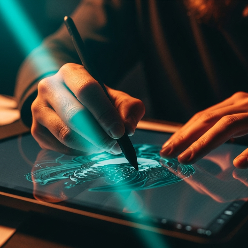 Artist using digital stylus on tablet creating teal glowing artwork representing hybrid digital-trad