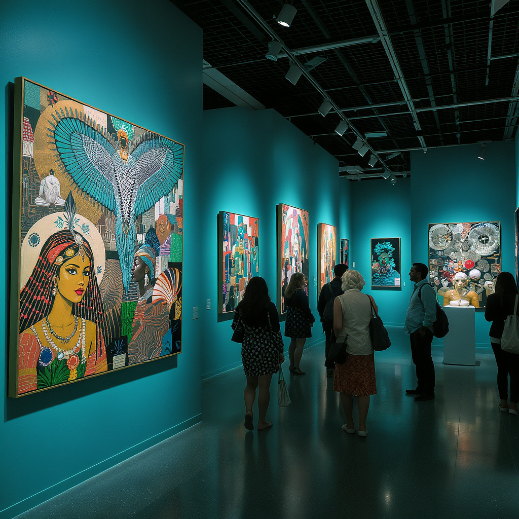 Contemporary art gallery exhibition showcasing diverse international artworks with visitors viewing 