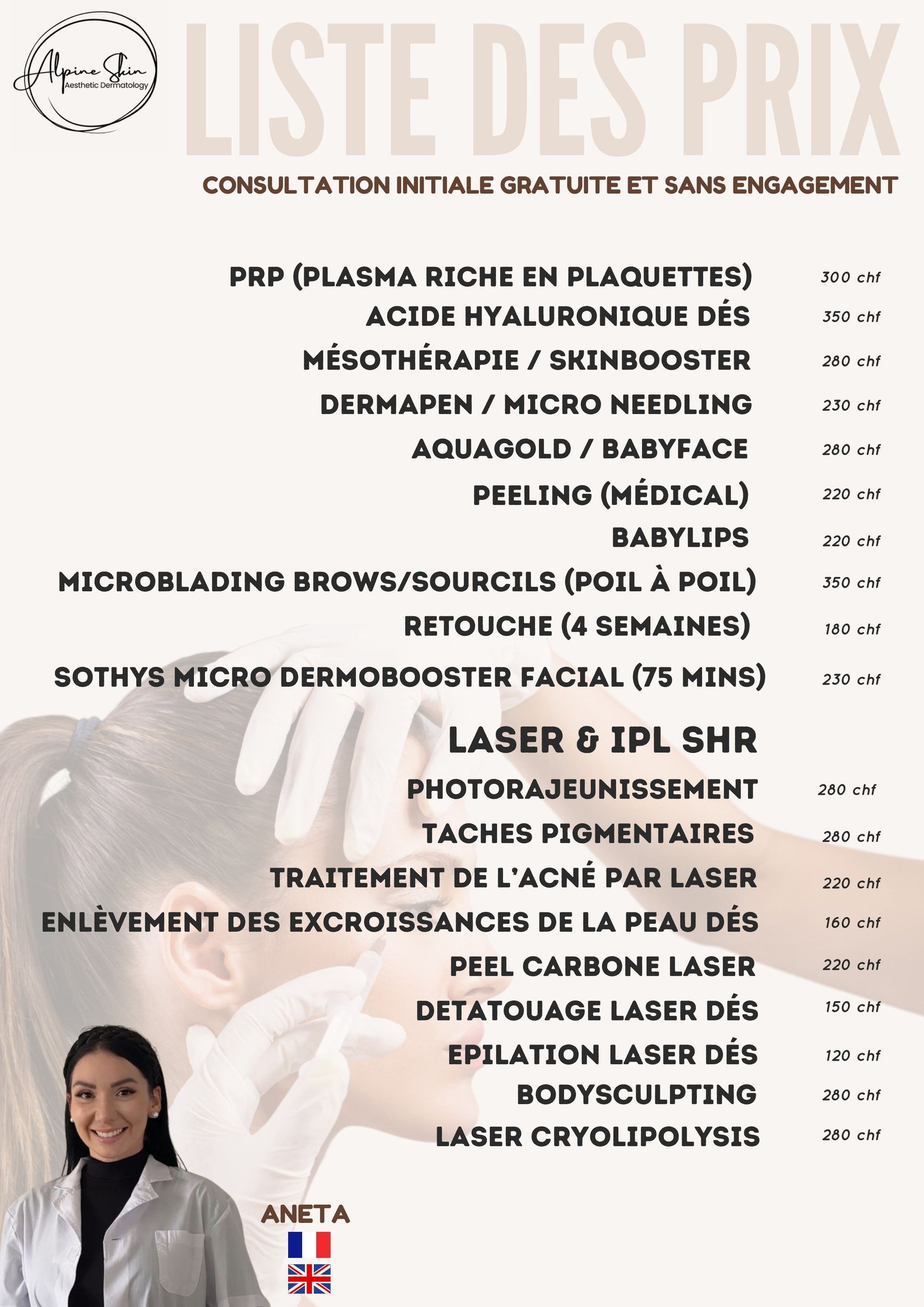 Liste des prix  prestations Alpin Skin / lash extensions / eyelash extensions / 
Sothys facials