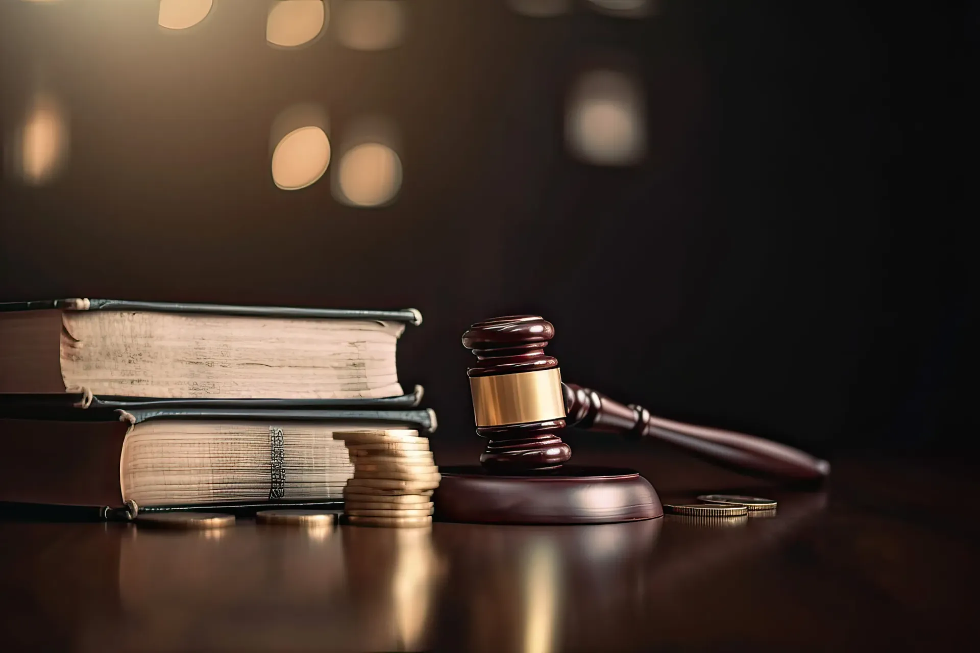 Martillo junto a libros y monedas sobre una mesa de madera, sugiriendo temas legales o financieros.