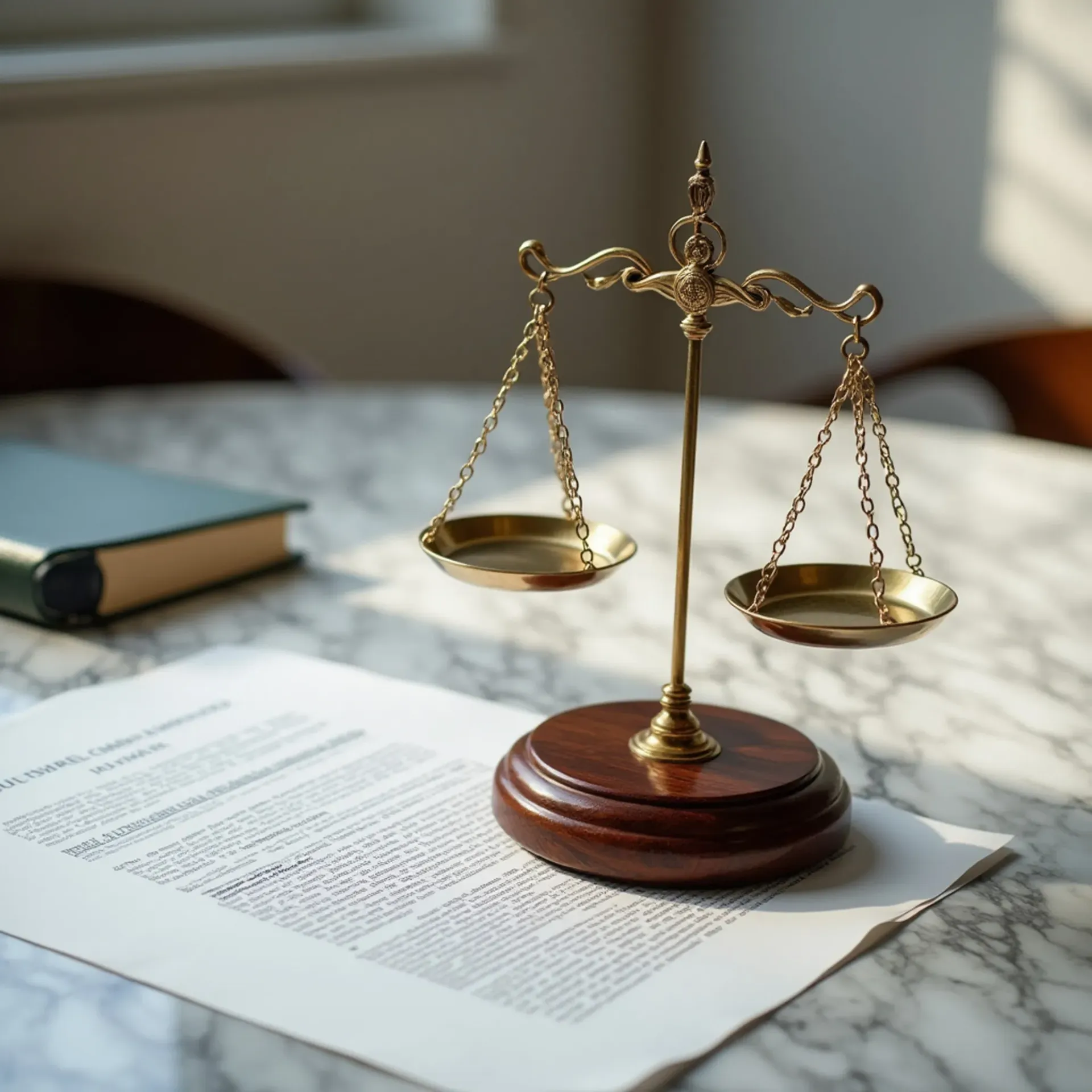Balanza de la justicia de latón sobre una mesa de mármol con un documento y un libro.