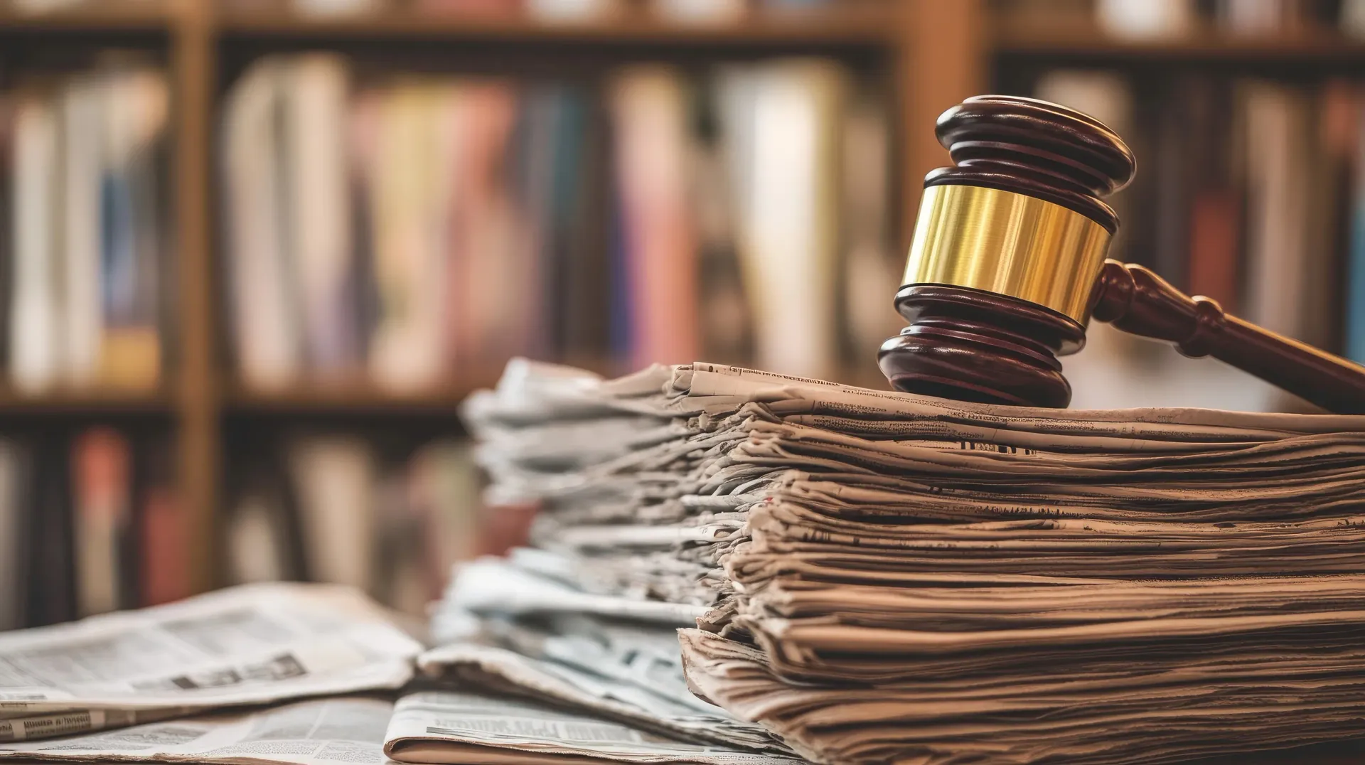 Martillo encima de una pila de papeles, delante de una estantería llena de libros.