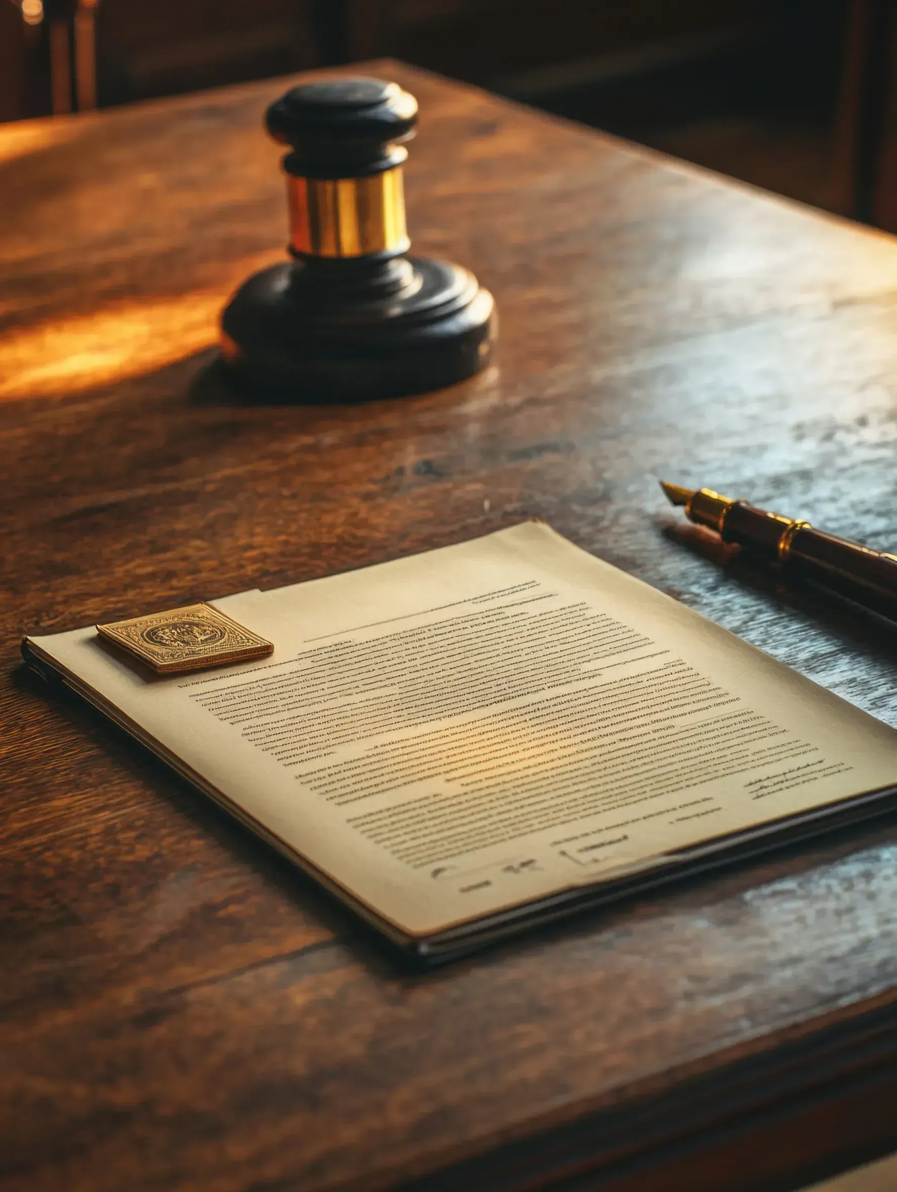 Escritorio de madera con mazo, documento con sello y bolígrafo.