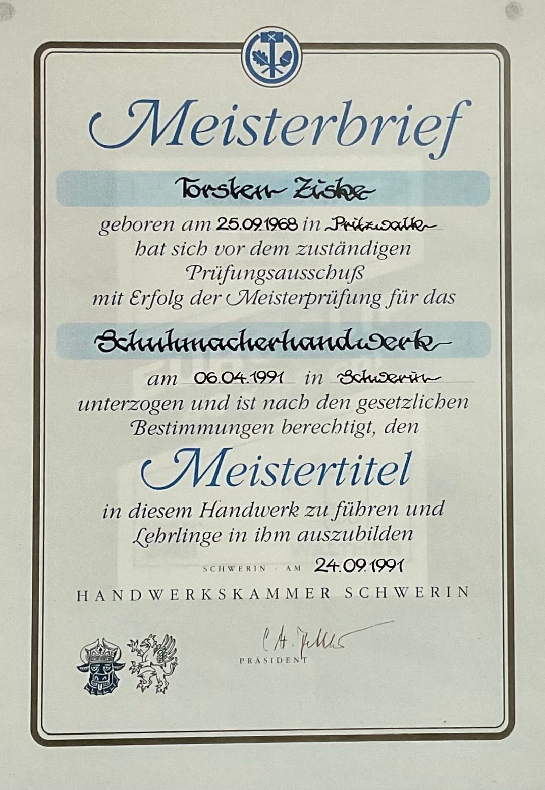 Meisterbrief Torsten Züske