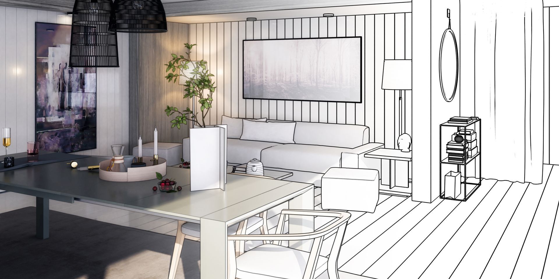 Sketch d'une rénovation d'intérieure de maison - salon