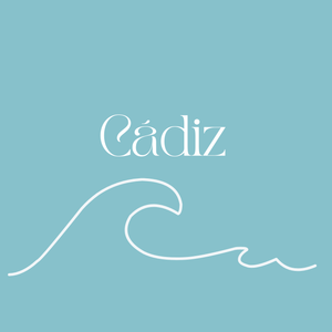 Un fondo azul con la palabra Cádiz y una ola.