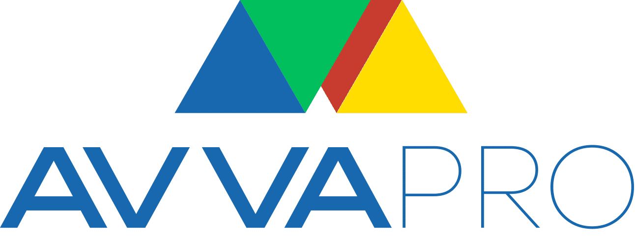 Un logotipo para Avvapro con un triángulo azul en el medio.