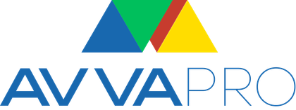 Un logotipo para Avvapro con un triángulo azul en el medio.