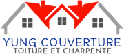 Logo pour Yung Couverture, représentant des toits de maisons stylisés en rouge et gris au-dessus du nom de l'entreprise.