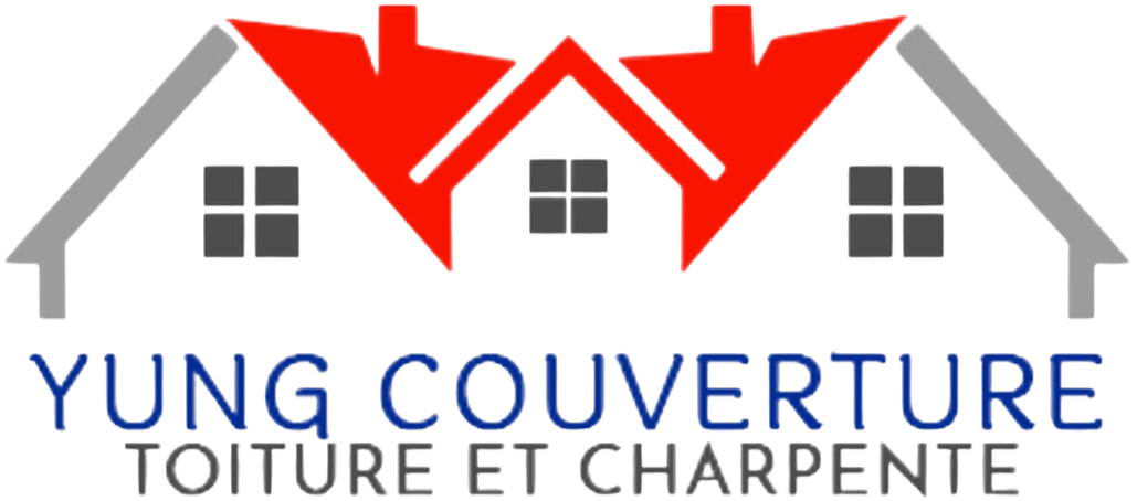 Logo pour Yung Couverture, représentant des toits de maisons stylisés en rouge et gris au-dessus du nom de l'entreprise.