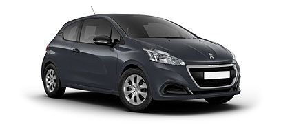 Peugeot 208 à hayon gris foncé sur fond blanc.