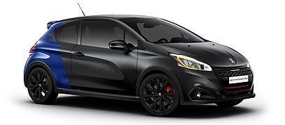 Une Peugeot 208 GTI gris foncé et bleue avec des jantes noires.