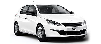 Peugeot 308 blanche à hayon sur fond blanc.