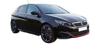 Peugeot 308 GTi noire garée avec des garnitures rouges.
