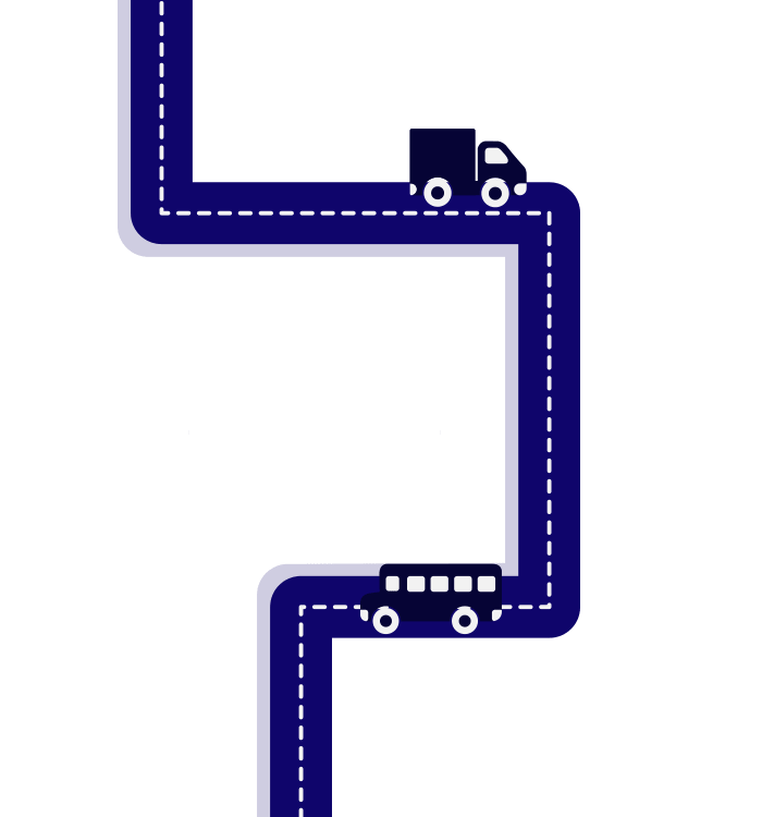 Route bleue avec camion et bus, illustrant un itinéraire.