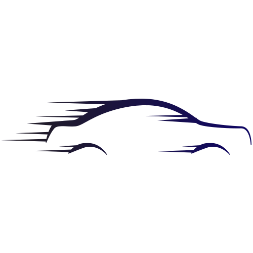 Silhouette d'une voiture roulant à grande vitesse avec des lignes de mouvement, bleu foncé sur fond blanc.