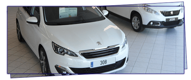 Deux Peugeot blanches dans un showroom, l'une est une 308, l'autre une 2008.