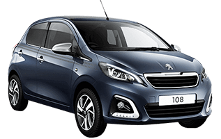 Voiture Peugeot 108 à hayon bleu foncé sur fond blanc.