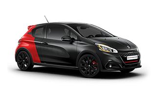 Peugeot 208 à hayon noire et rouge.