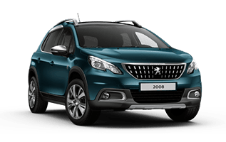 SUV Peugeot 2008 bleu turquoise sur fond blanc. Il est équipé de barres de toit, d'inserts argentés et de jantes foncées.