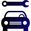 Icône de voiture avec clé à molette, dégradé bleu, réparation automobile.