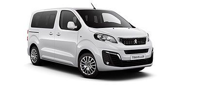 Fourgonnette Peugeot Traveller blanche.