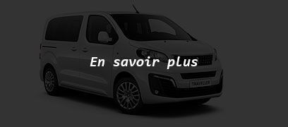 Fourgonnette Peugeot Traveller blanche avec la mention En savoir plus.