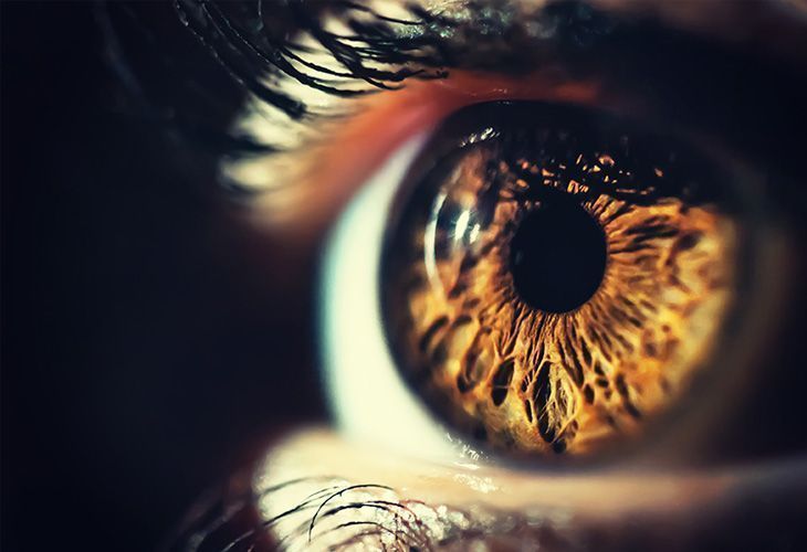 Gros plan d'un œil humain avec un iris brun doré et des reflets saisissants dans la pupille